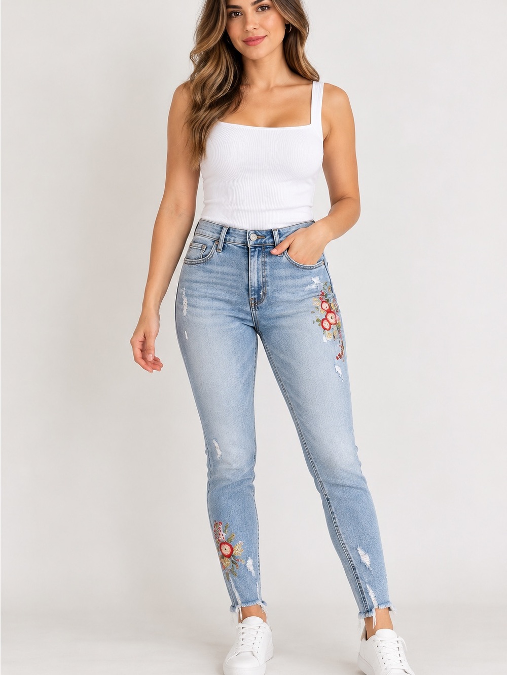 Zara Light Wash Skinny Jeans with Floral Embroidery